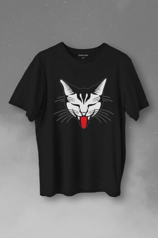 Dilini Çıkaran Sevimli Kedi Cat Music Baskılı Tişört Unisex T-Shirt - 1