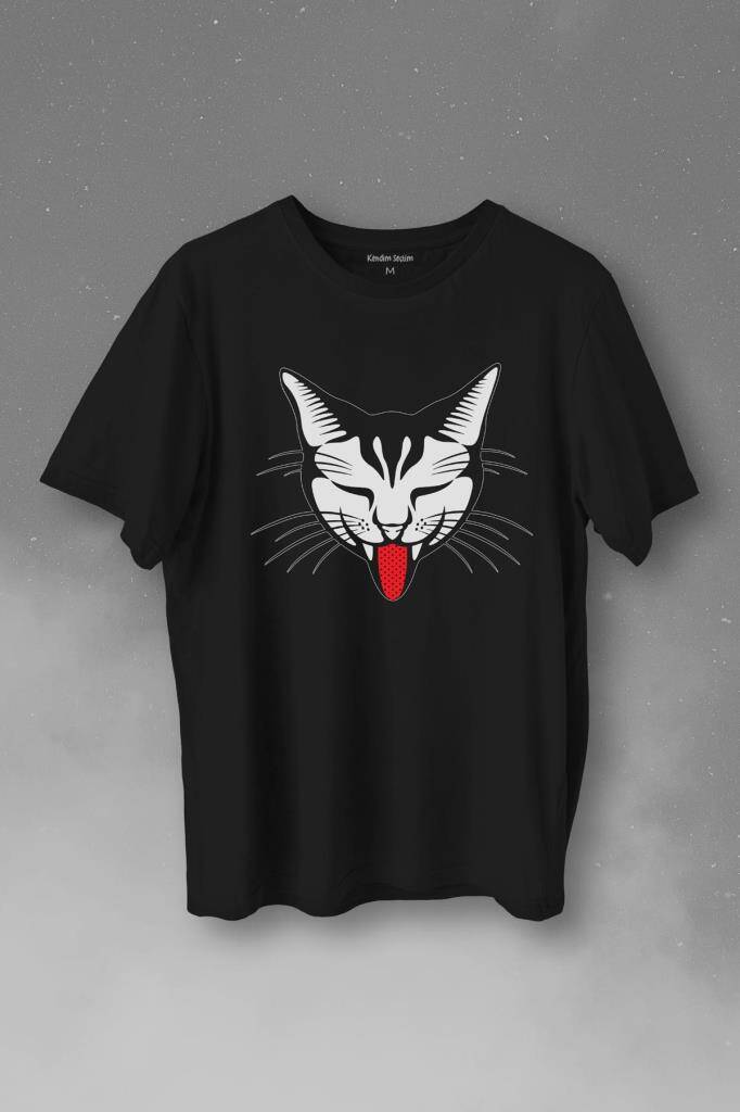 Dilini Çıkaran Sevimli Kedi Cat Music Baskılı Tişört Unisex T-Shirt - 1