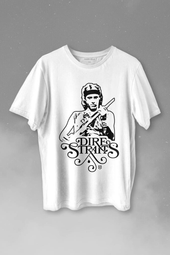 Dire Straits David Mark Knopfler Rock Music Guitar Baskılı Tişört Unisex T-shirt - 1