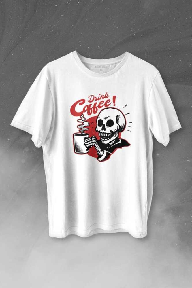 Drink Coffee Skull Kahve Funny Eğlence Baskılı Tişört Unisex T-shirt - 1