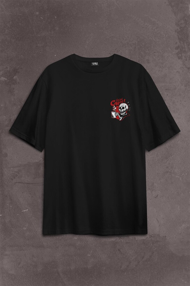 Drink Coffee Skull Kahve Funny Eğlence Sırt Ön Baskılı Oversize Tişört Unisex T-Shirt - 2