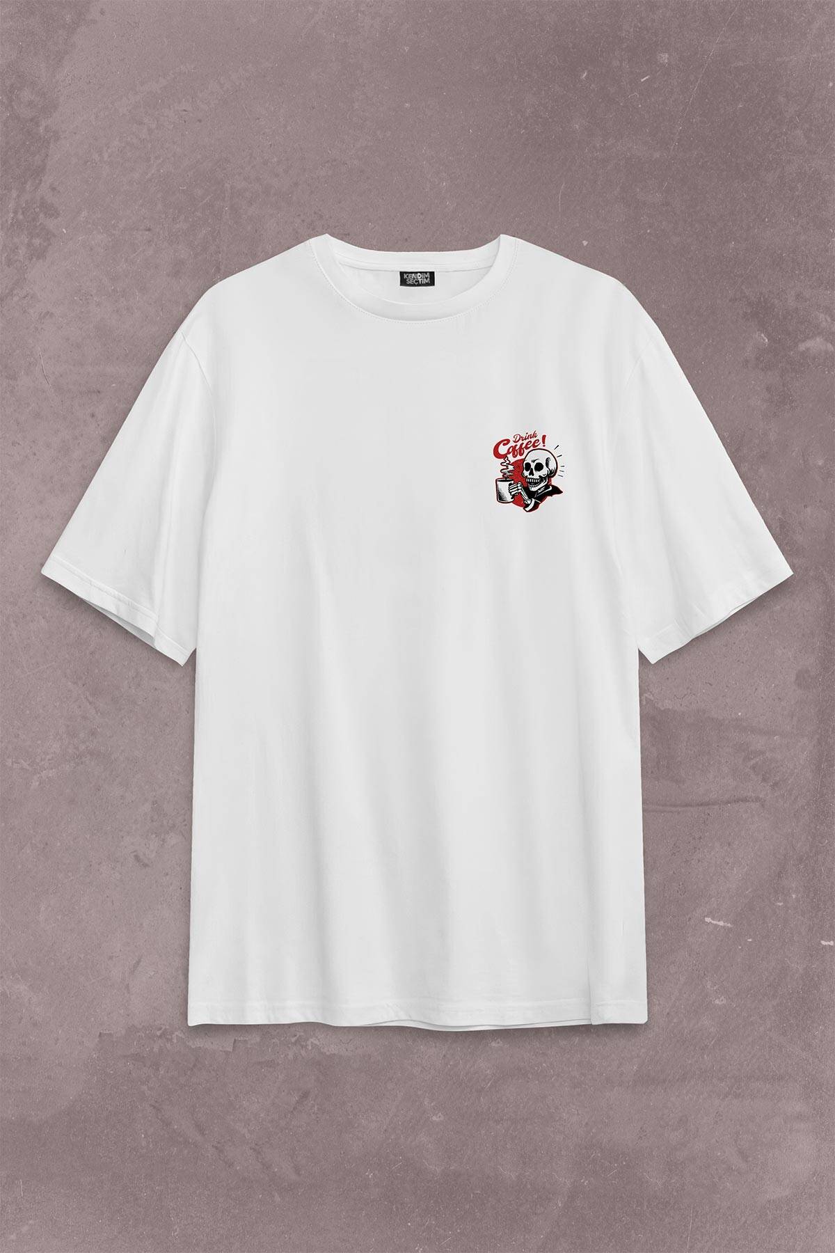 Drink Coffee Skull Kahve Funny Eğlence Sırt Ön Baskılı Oversize Tişört Unisex T-Shirt (1)