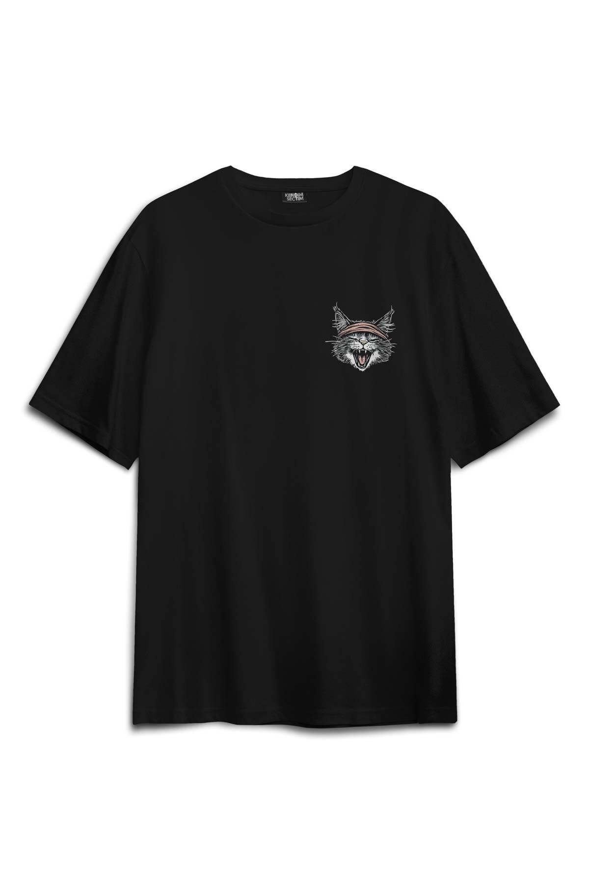 Drummer Cat Kedi Davulcu Müzik Music Drum Cute Baskılı Oversize T-shirt Siyah Unisex Tişört - 1