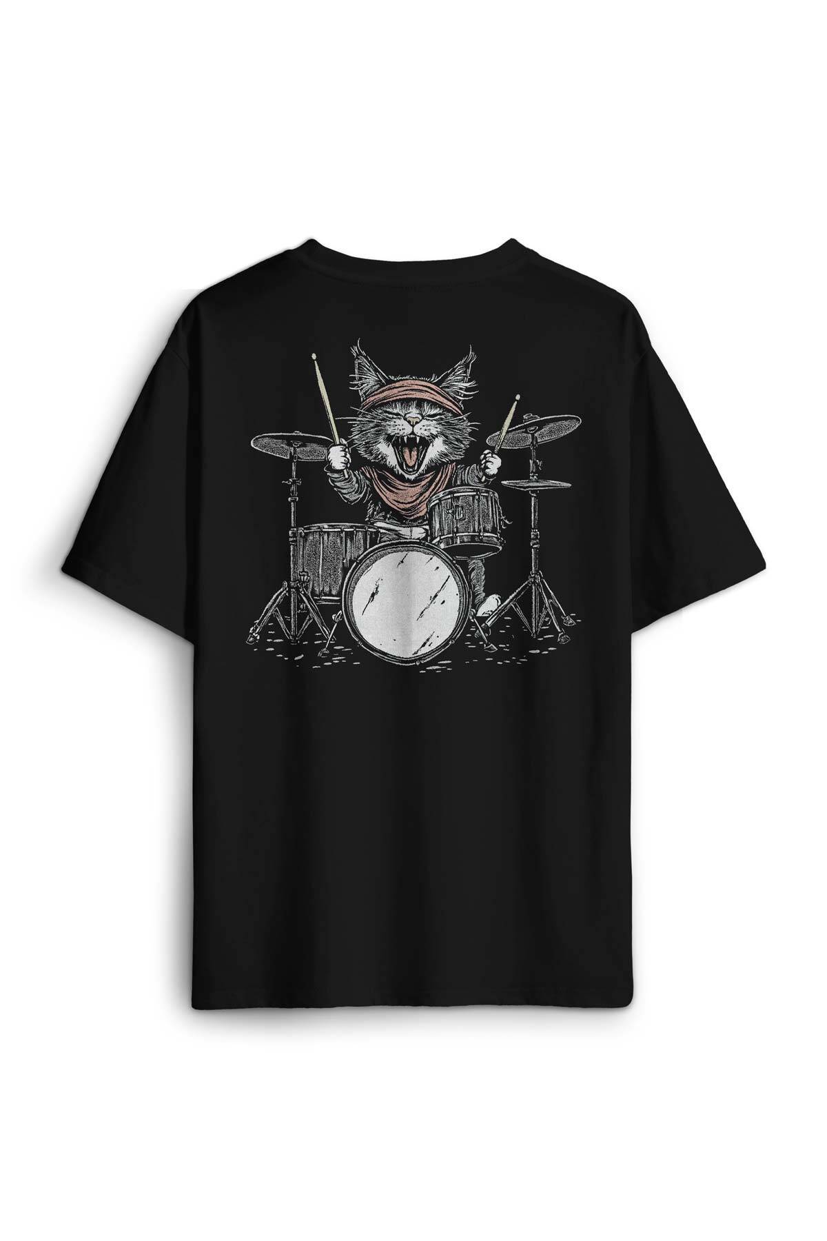 Drummer Cat Kedi Davulcu Müzik Music Drum Cute Baskılı Oversize T-shirt Siyah Unisex Tişört - 2