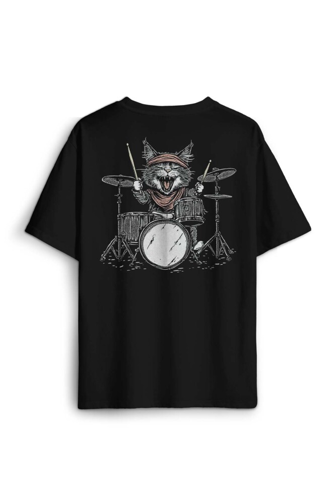 Drummer Cat Kedi Davulcu Müzik Music Drum Cute Baskılı Oversize T-shirt Siyah Unisex Tişört (1)