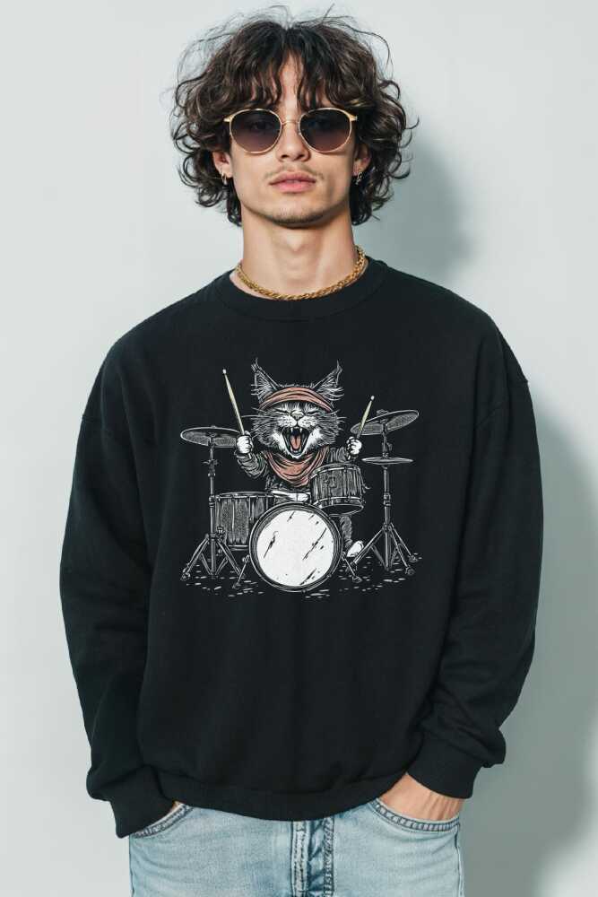 Drummer Cat Kedi Davulcu Müzik Music Drum Cute Baskılı Siyah Sweat - 1