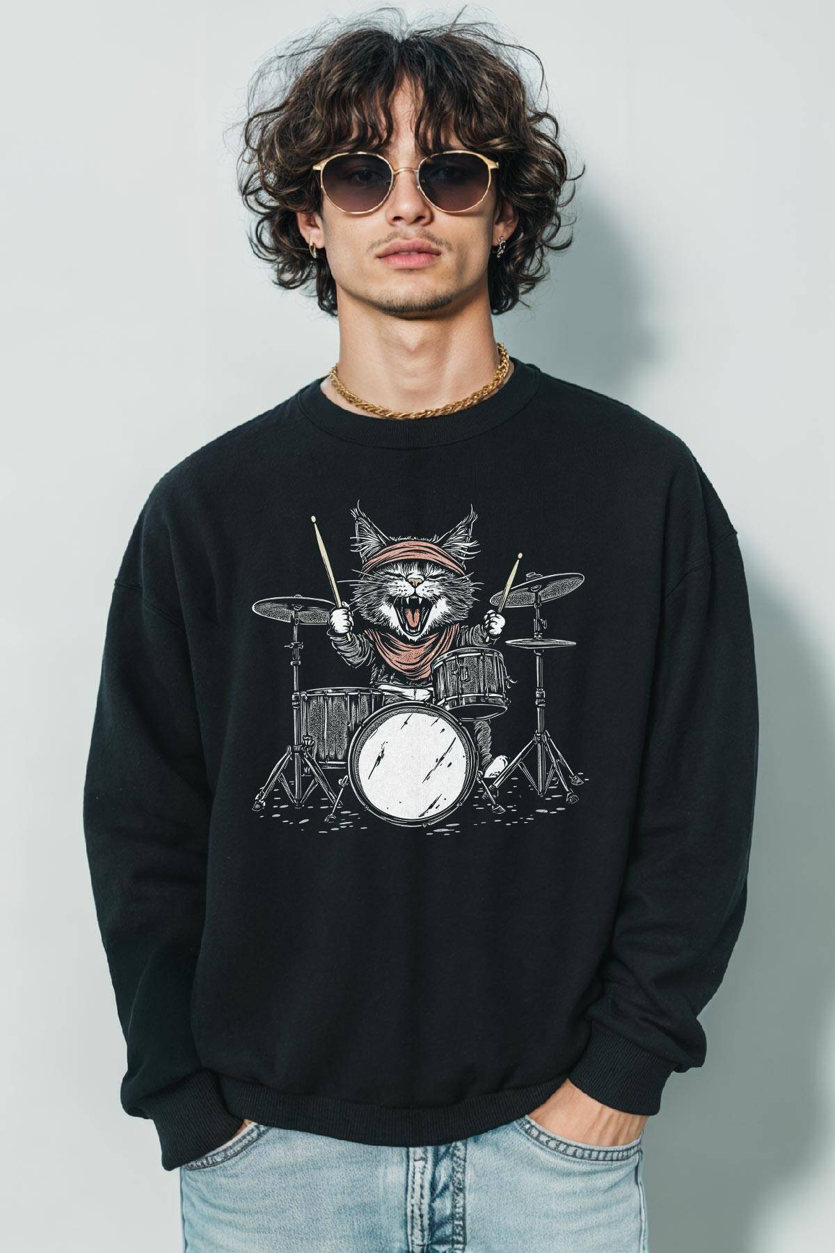Drummer Cat Kedi Davulcu Müzik Music Drum Cute Baskılı Siyah Sweat