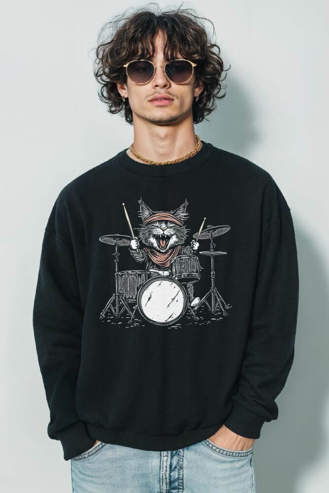 Drummer Cat Kedi Davulcu Müzik Music Drum Cute Baskılı Siyah Sweat - So Cool
