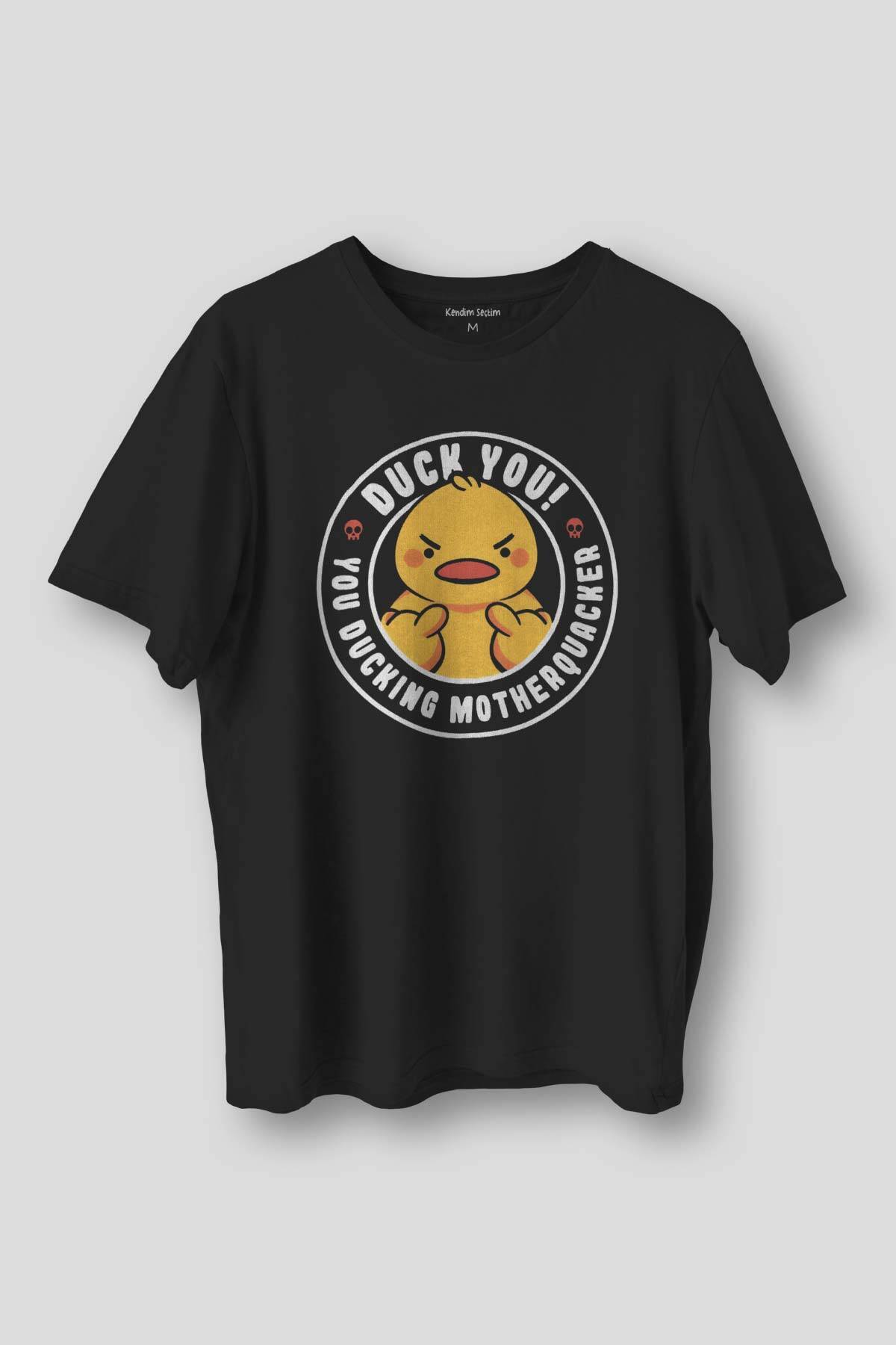 Duck You Ducking Duck Funny Eğlenceli Unisex Siyah T-shirt Sarı Civciv Baskılı Tişört - 1