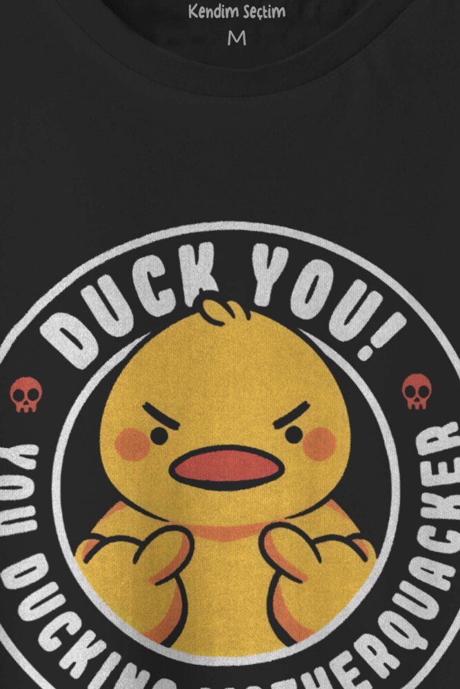 Duck You Ducking Duck Funny Eğlenceli Unisex Siyah T-shirt Sarı Civciv Baskılı Tişört - 2