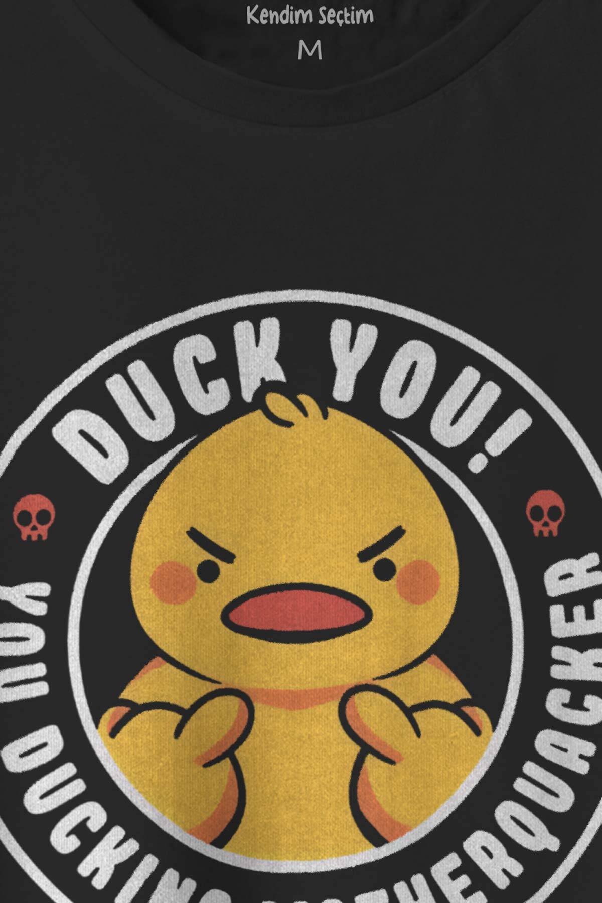 Duck You Ducking Duck Funny Eğlenceli Unisex Siyah T-shirt Sarı Civciv Baskılı Tişört (1)