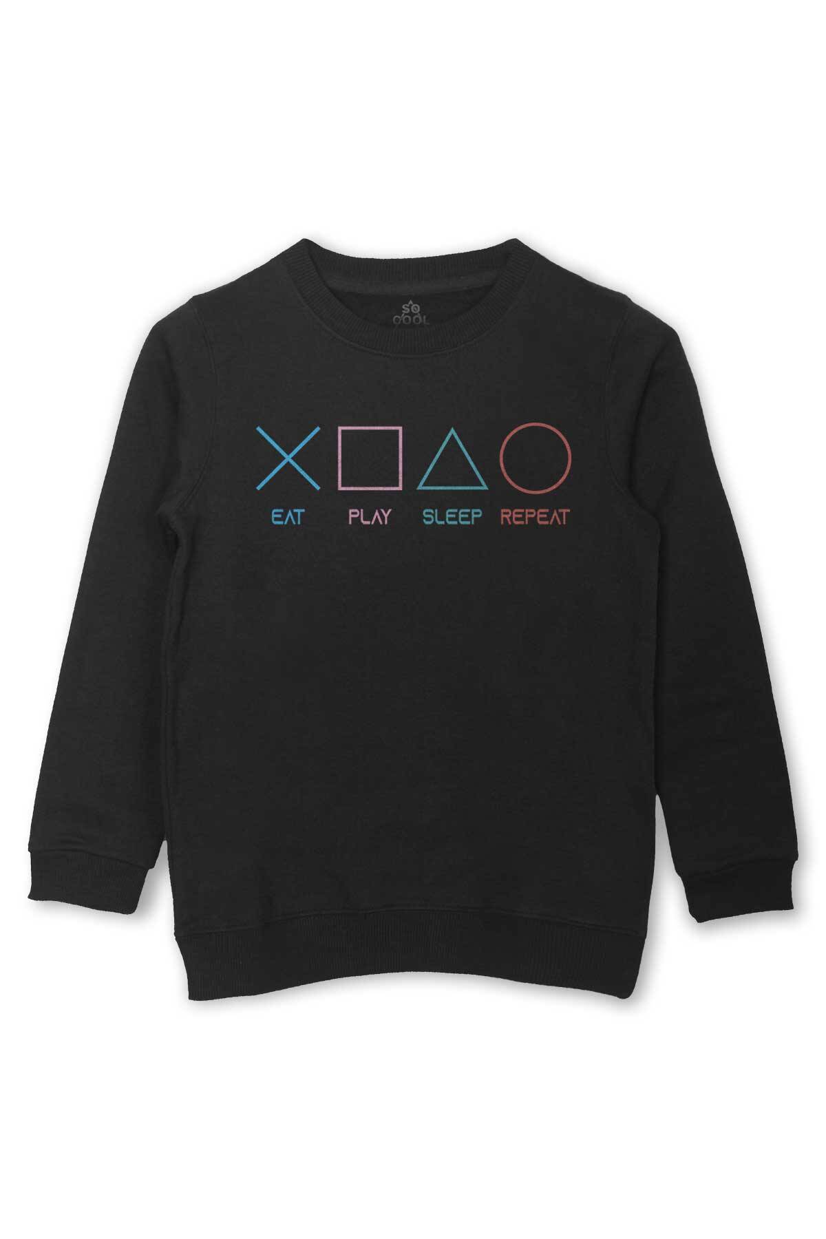 Eat Play Sleep Repeat Gamer Oyun Baskılı Çocuk Sweatshirt Siyah Sweat - 1