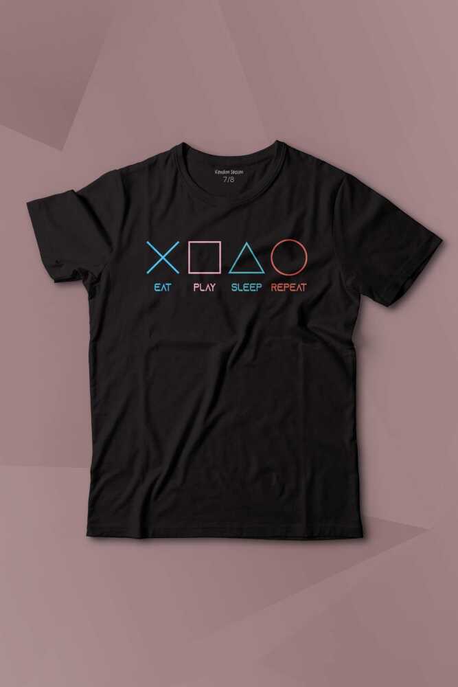 Eat Play Sleep Repeat Gamer Oyun Baskılı Çocuk Tişört Kısa Kollu - 1