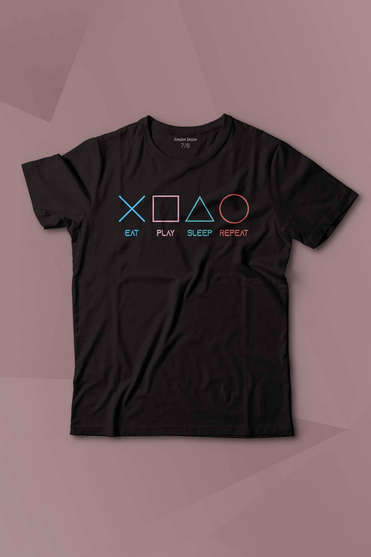 Eat Play Sleep Repeat Gamer Oyun Baskılı Çocuk Tişört Kısa Kollu - 1