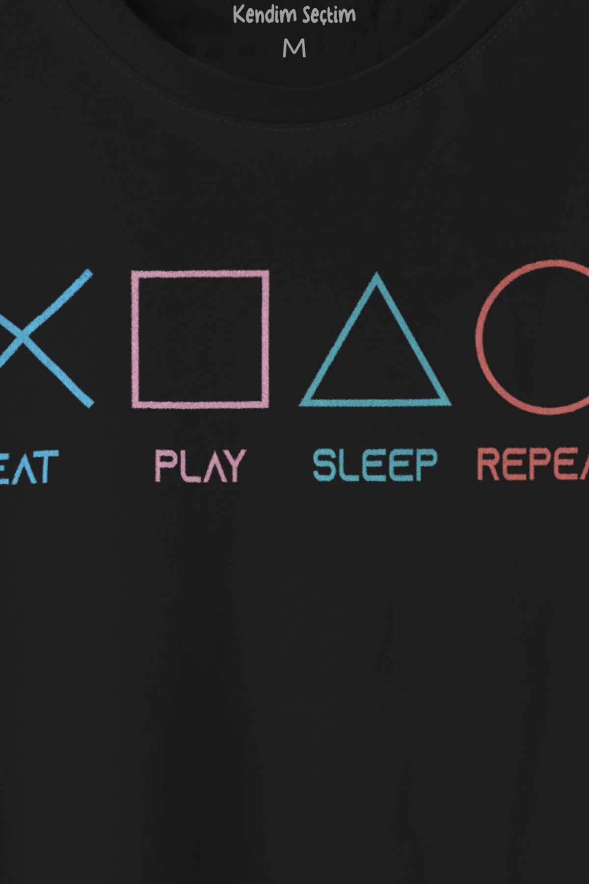 Eat Play Sleep Repeat Gamer Oyun Baskılı Tişört Unisex T-shirt (1)
