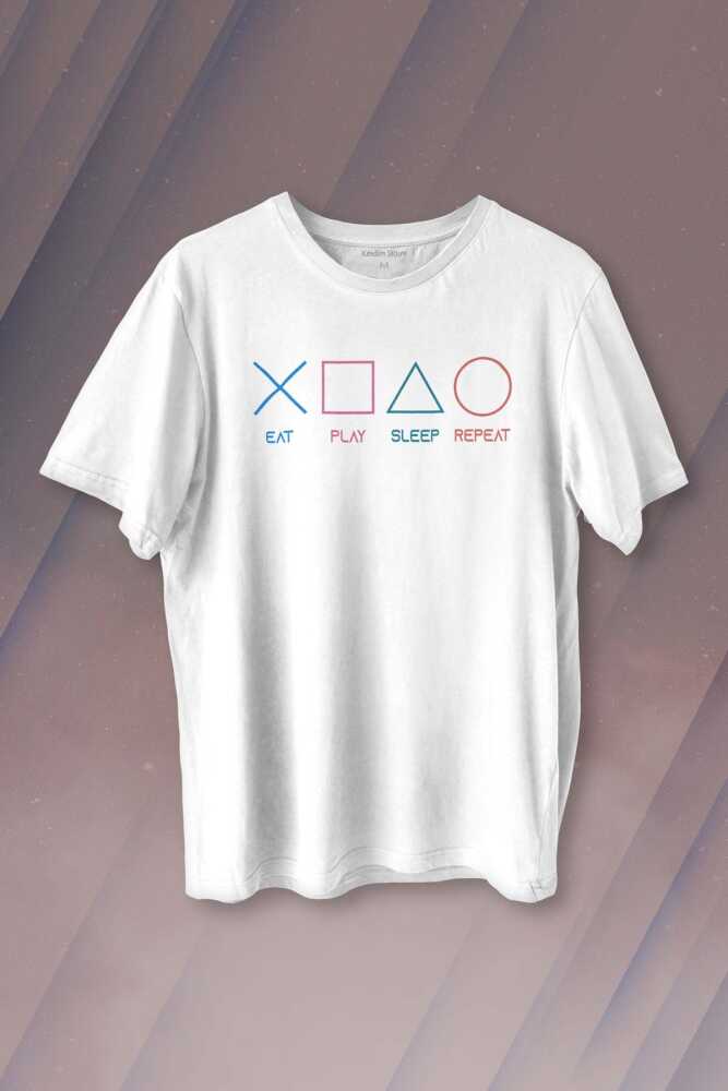 Eat Play Sleep Repeat Gamer Oyun Baskılı Tişört Unisex T-shirt - 1