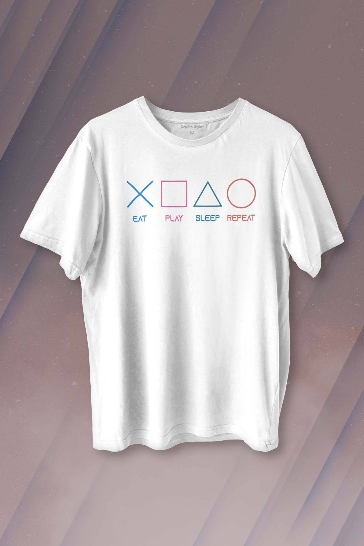 Eat Play Sleep Repeat Gamer Oyun Baskılı Tişört Unisex T-shirt