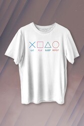Eat Play Sleep Repeat Gamer Oyun Baskılı Tişört Unisex T-shirt - 1