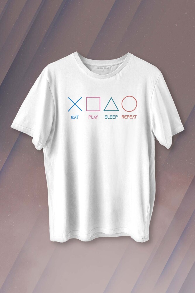 Eat Play Sleep Repeat Gamer Oyun Baskılı Tişört Unisex T-shirt - 1
