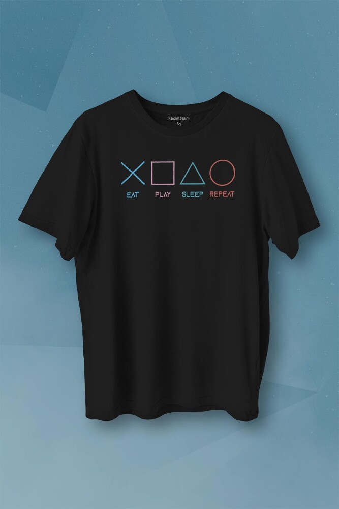 Eat Play Sleep Repeat Gamer Oyun Baskılı Tişört Unisex T-shirt - 1