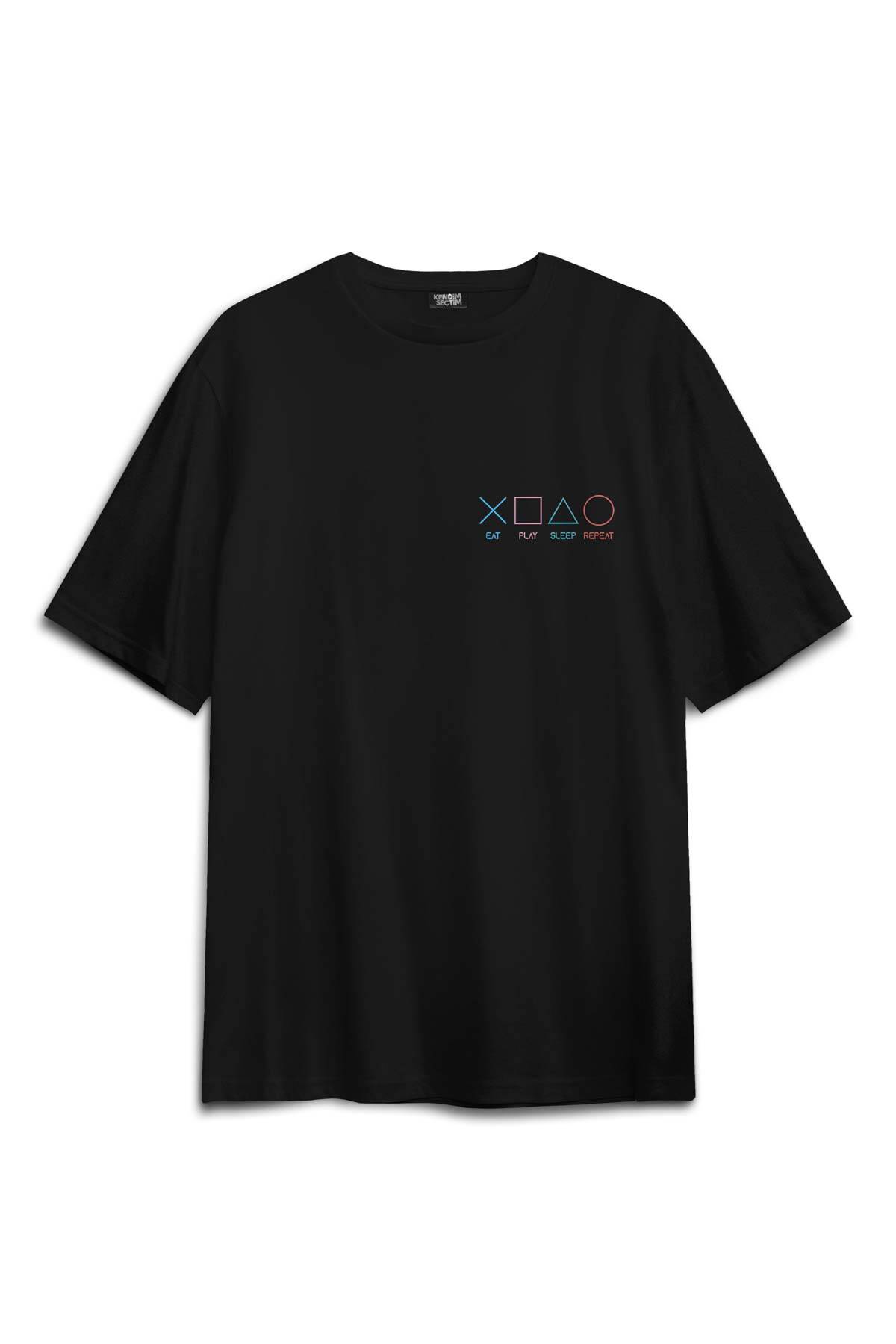 Eat Play Sleep Repeat Gamer Oyun Sırt Ön Baskılı Oversize Tişört Unisex T-Shirt (1)