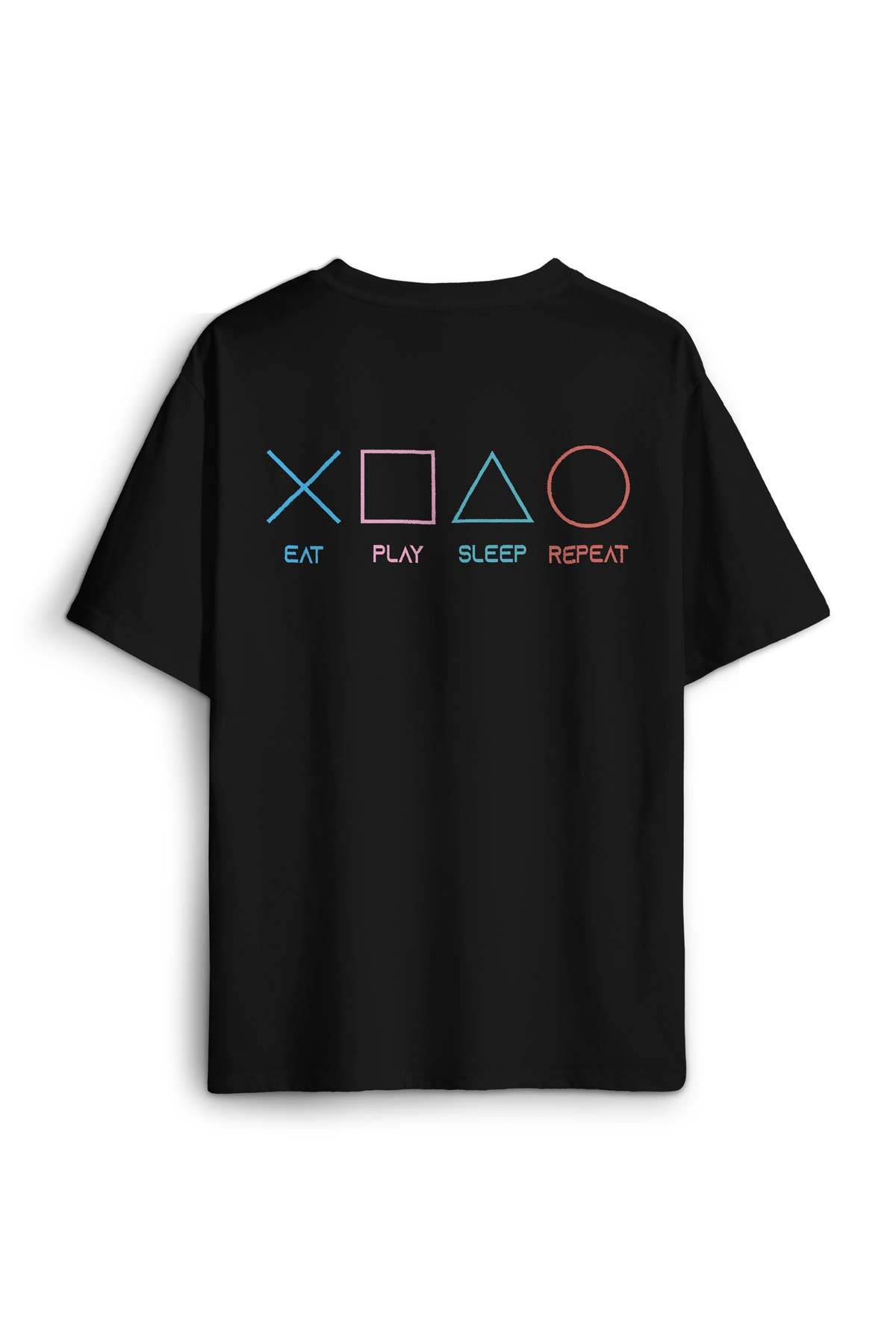 Eat Play Sleep Repeat Gamer Oyun Sırt Ön Baskılı Oversize Tişört Unisex T-Shirt