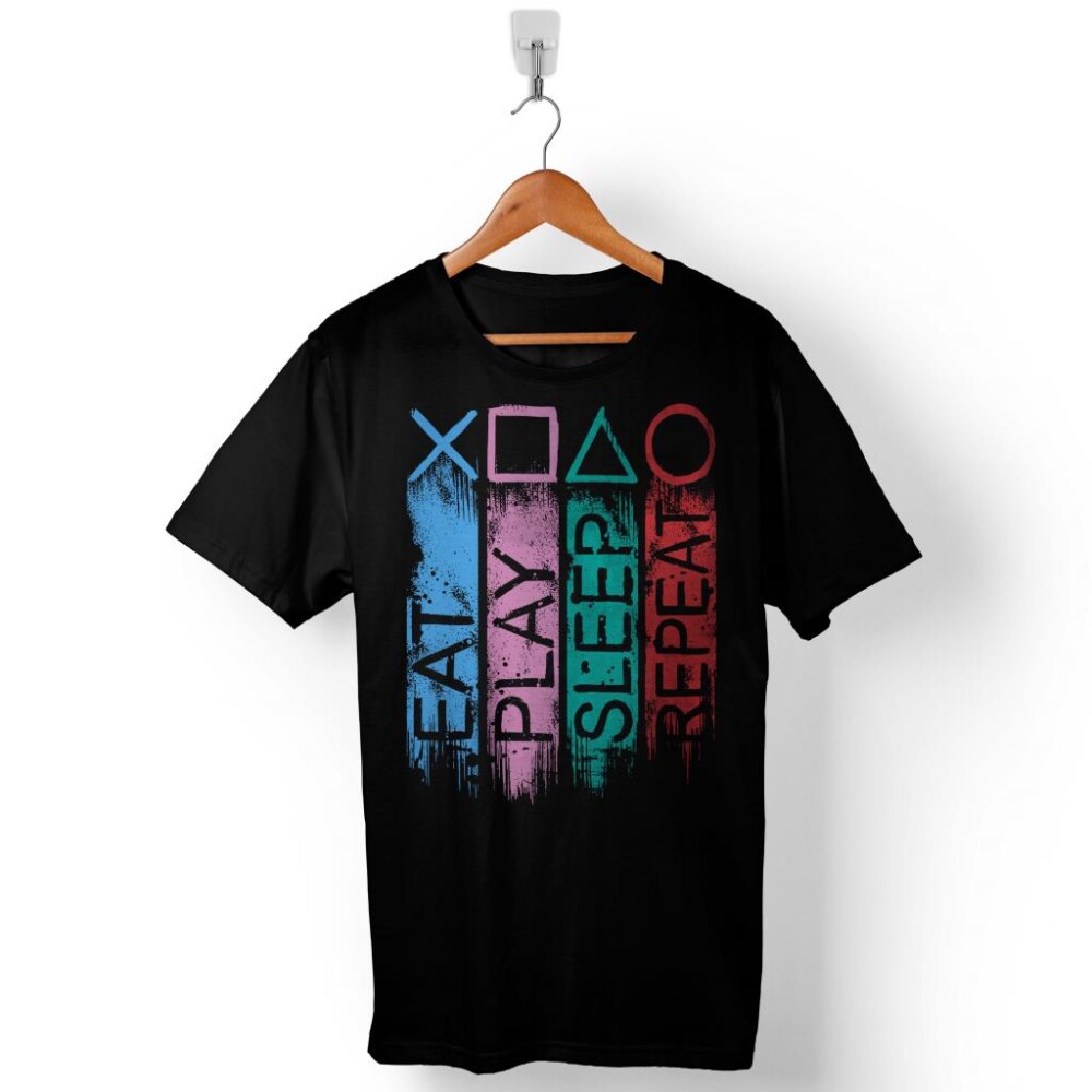 Eat Play Sleep Repeat Play Station Oyun Konsolu Baskılı Tişört Unisex T-Shirt - 1