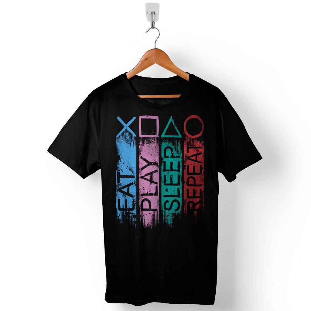 Eat Play Sleep Repeat Play Station Oyun Konsolu Baskılı Tişört Unisex T-Shirt - 1
