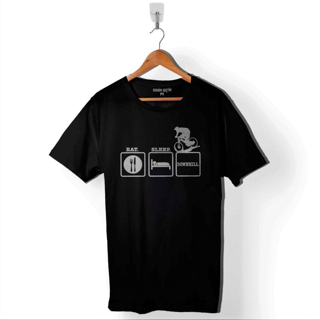 Eat Sleep DownHill Mountain Bİke Bisiklet Baskılı Tişört Unisex T-Shirt - 1