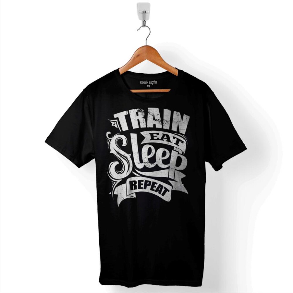 Eat Sleep Train Repeat Yemek Uyku Tren Yolculuk Baskılı Tişört Unisex T-Shirt - 1