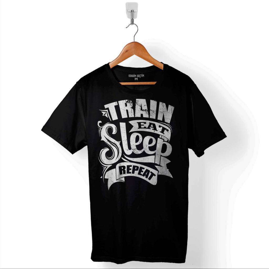 Eat Sleep Train Repeat Yemek Uyku Tren Yolculuk Baskılı Tişört Unisex T-Shirt - 1