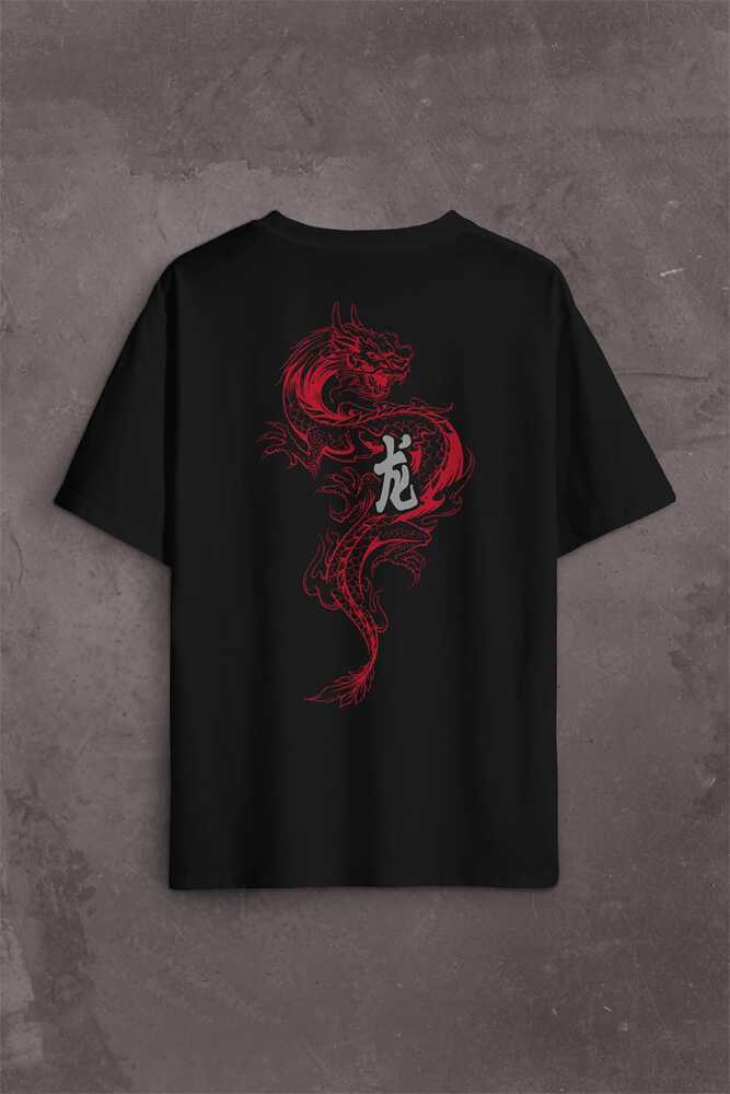 Ejder Dragon Uzak Doğu Japanese Drake Japonca Sırt Ön Baskılı Oversize Tişört Unisex T-Shirt - 1