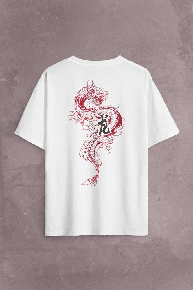 Ejder Dragon Uzak Doğu Japanese Drake Japonca Sırt Ön Baskılı Oversize Tişört Unisex T-Shirt - 1