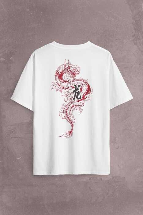 Ejder Dragon Uzak Doğu Japanese Drake Japonca Sırt Ön Baskılı Oversize Tişört Unisex T-Shirt - 1