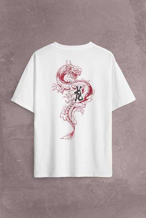 Ejder Dragon Uzak Doğu Japanese Drake Japonca Sırt Ön Baskılı Oversize Tişört Unisex T-Shirt - 1