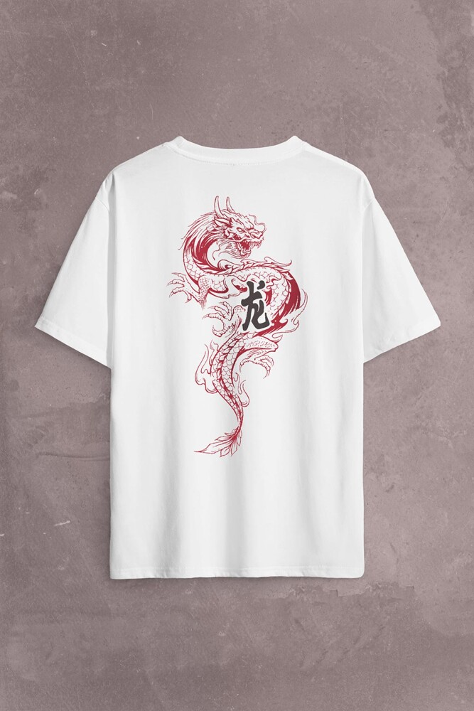 Ejder Dragon Uzak Doğu Japanese Drake Japonca Sırt Ön Baskılı Oversize Tişört Unisex T-Shirt - 1
