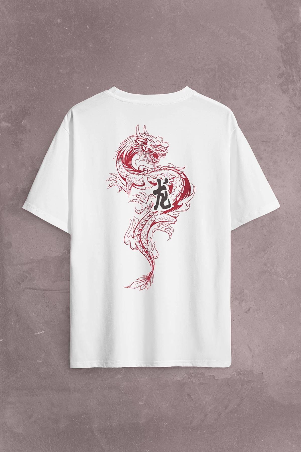 Ejder Dragon Uzak Doğu Japanese Drake Japonca Sırt Ön Baskılı Oversize Tişört Unisex T-Shirt - 1