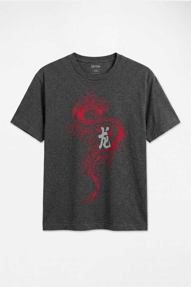 Ejderha Dragon Uzak Doğu Dövme Sanatı Unisex Regular Fit Antrasit Melanj Tişört - 1