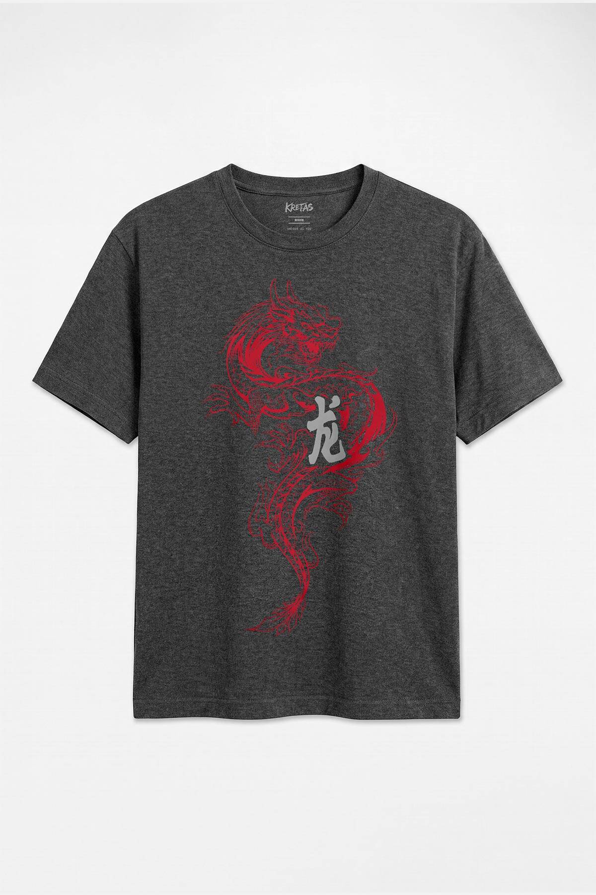 Ejderha Dragon Uzak Doğu Dövme Sanatı Unisex Regular Fit Antrasit Melanj Tişört