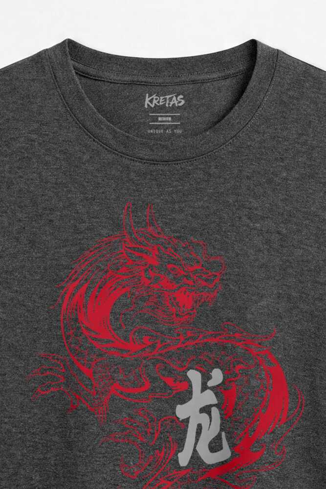 Ejderha Dragon Uzak Doğu Dövme Sanatı Unisex Regular Fit Antrasit Melanj Tişört - 2