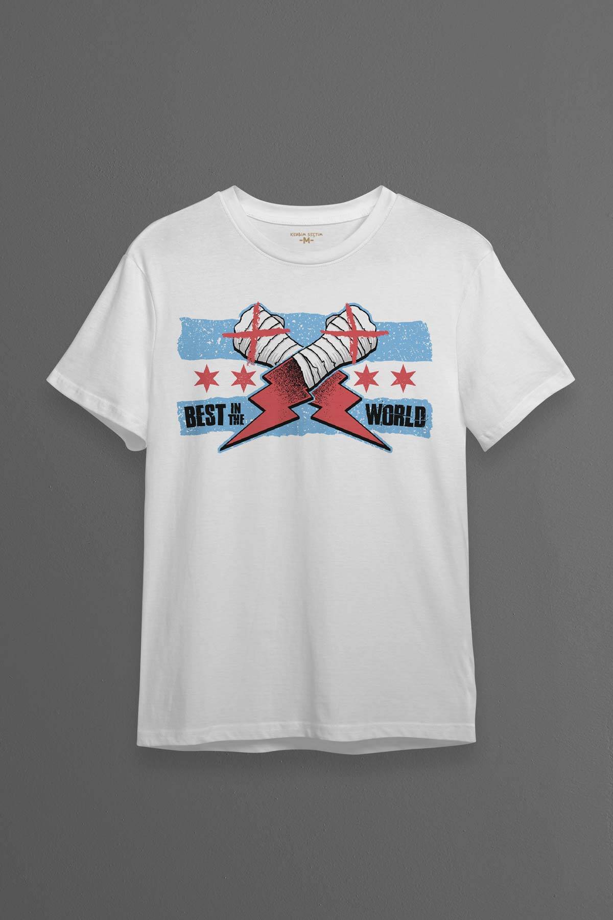 Erkek Beyaz T-shirt Eldiven Blue Flag CM Punk Mavi Bayrak Fitness Spor Baskılı Tişört