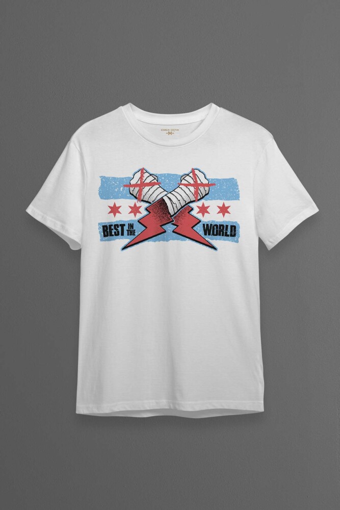 Erkek Beyaz T-shirt Eldiven Blue Flag CM Punk Mavi Bayrak Fitness Spor Baskılı Tişört 