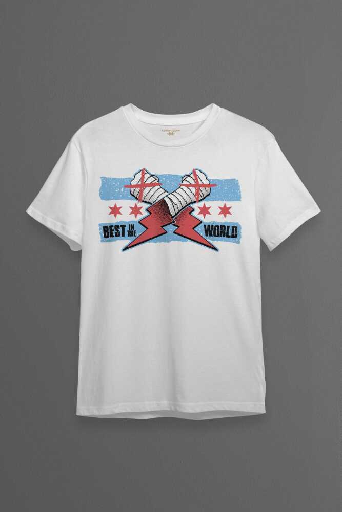 Erkek Beyaz T-shirt Eldiven Blue Flag CM Punk Mavi Bayrak Fitness Spor Baskılı Tişört  - 1