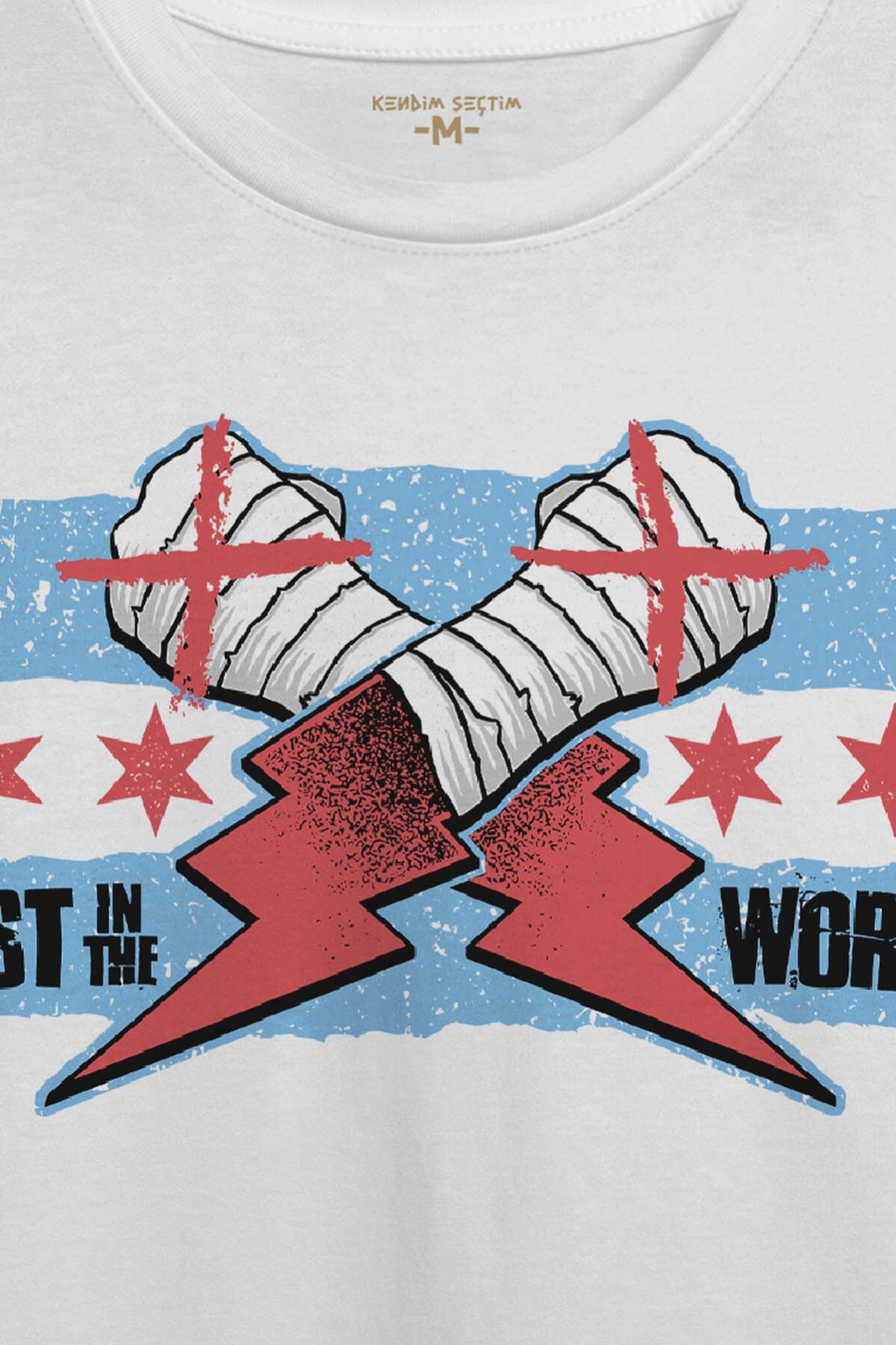 Erkek Beyaz T-shirt Eldiven Blue Flag CM Punk Mavi Bayrak Fitness Spor Baskılı Tişört - 2
