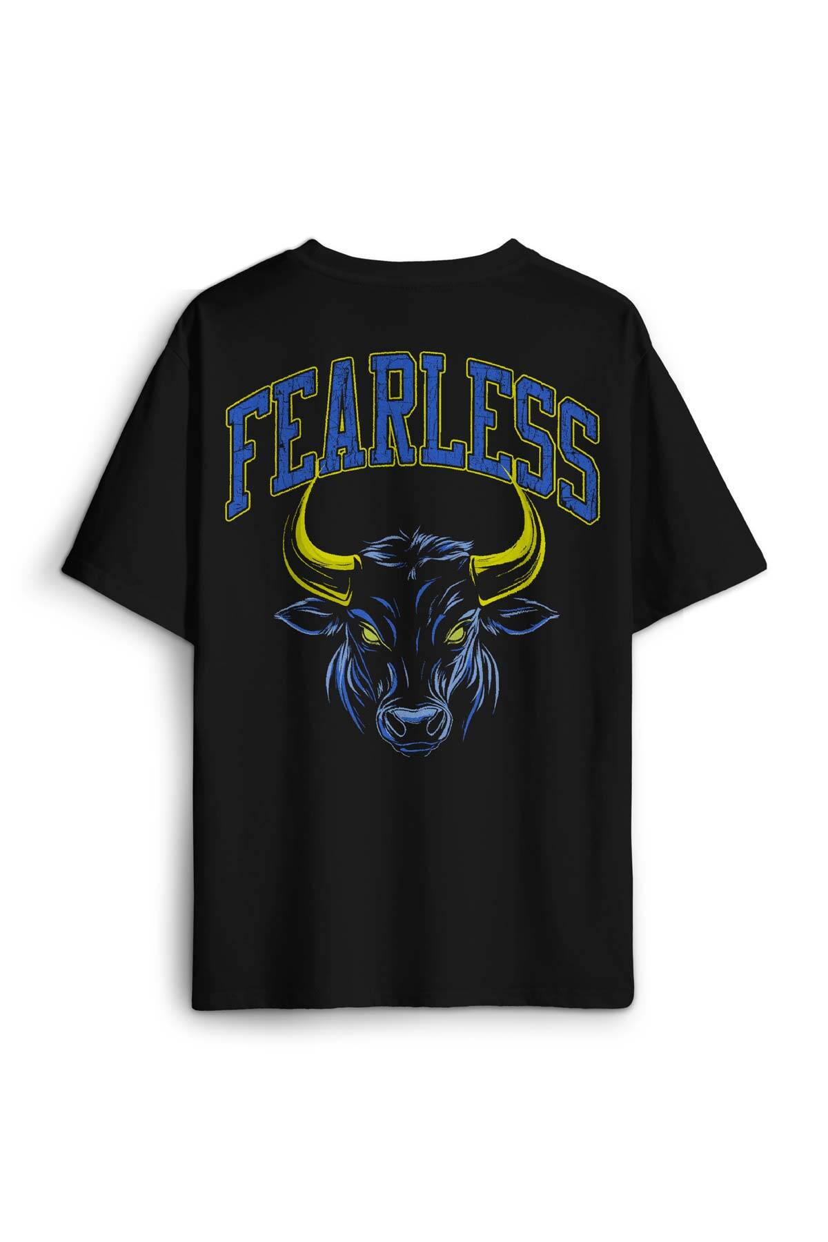 Fearless Boğa Bull 1907 Sarı Lacivert Korkusuz Yazı Baskılı Oversize T-shirt Siyah Unisex Tişört - 1