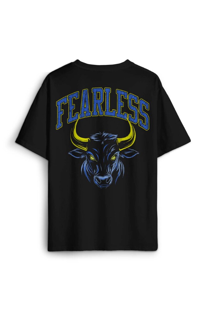Fearless Boğa Bull 1907 Sarı Lacivert Korkusuz Yazı Baskılı Oversize T-shirt Siyah Unisex Tişört