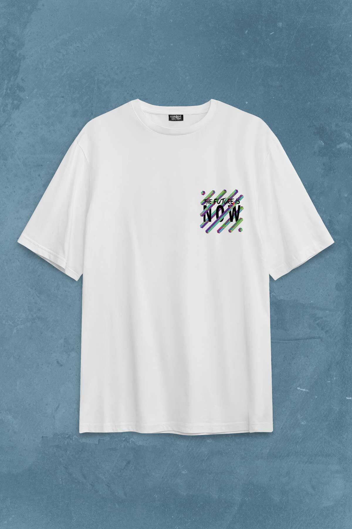 Future Is Now Colorful Gelecek Şimdi Renkli Desen Yazı Sırt Baskılı Oversize Tişört Unisex T-Shirt (1)