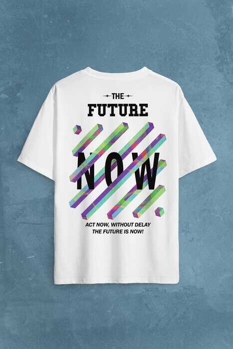 Future Is Now Colorful Gelecek Şimdi Renkli Desen Yazı Sırt Baskılı Oversize Tişört Unisex T-Shirt - 1