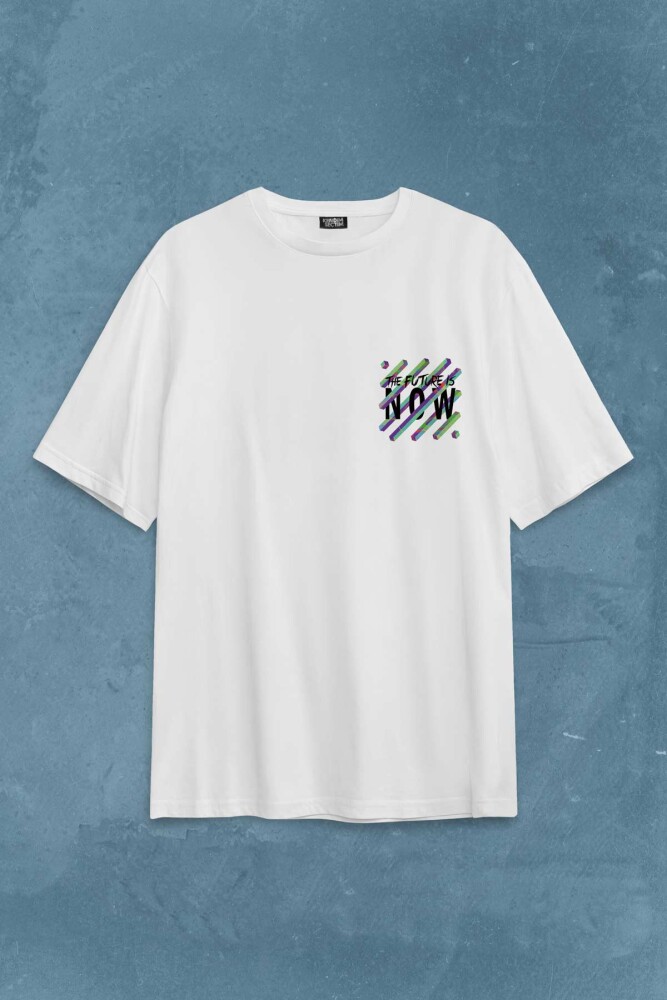 Future Is Now Colorful Gelecek Şimdi Renkli Desen Yazı Sırt Baskılı Oversize Tişört Unisex T-Shirt - 2
