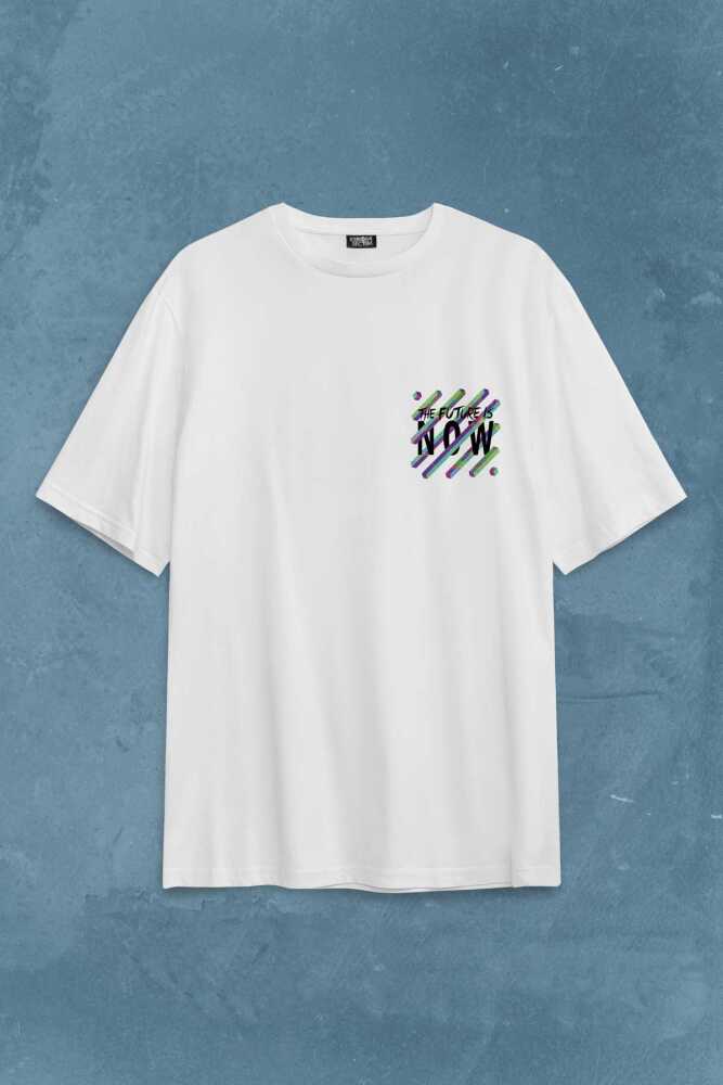Future Is Now Colorful Gelecek Şimdi Renkli Desen Yazı Sırt Baskılı Oversize Tişört Unisex T-Shirt (1)